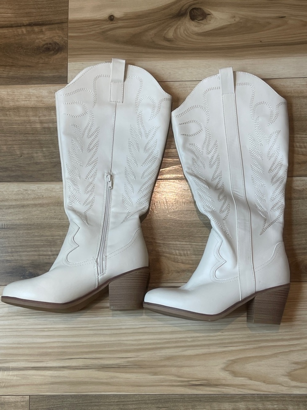 Ivory Embroidered Western Knee-High Heeled Boots